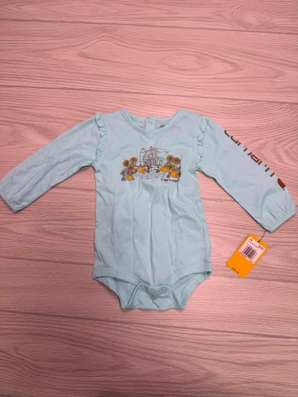 Carhartt Light Blue Long-Sleeve Baby One-Piece with Sunflower Barn Graphic